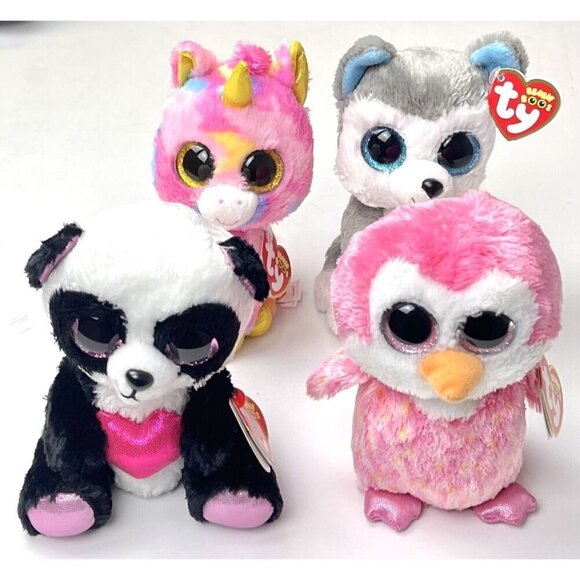 LOT 4 TY Beanie Boos CHILLZ Penguin CUTIE PIE Panda SLUSH Husky FANTASIA Unicorn - Picture 1 of 3
